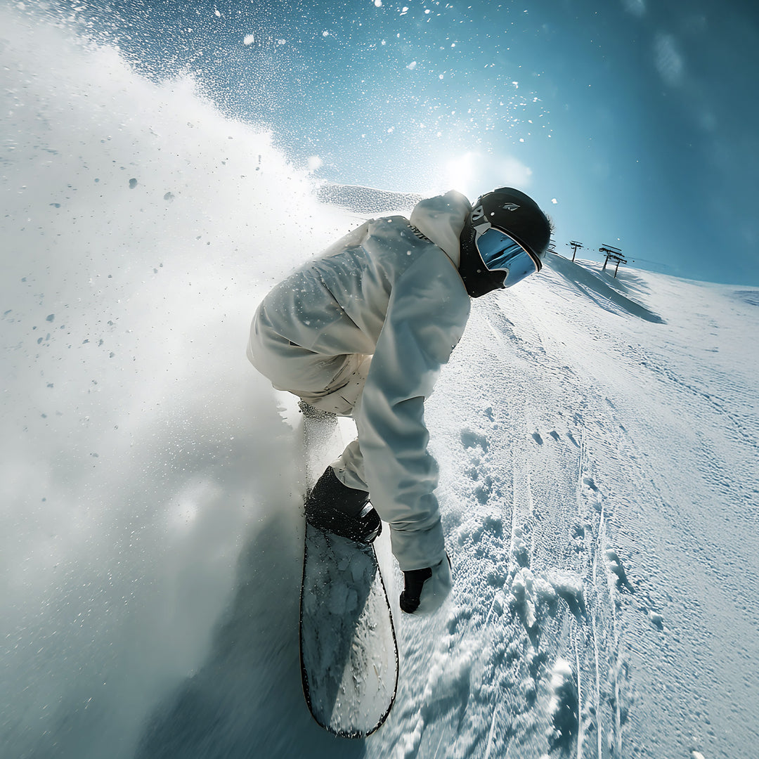 雪山を滑走するスノーボーダーとSOTOASOBIのブランドイメージ